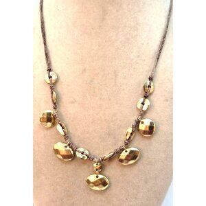 Faceted Gold Tone Beaded Necklace On Brown Cord